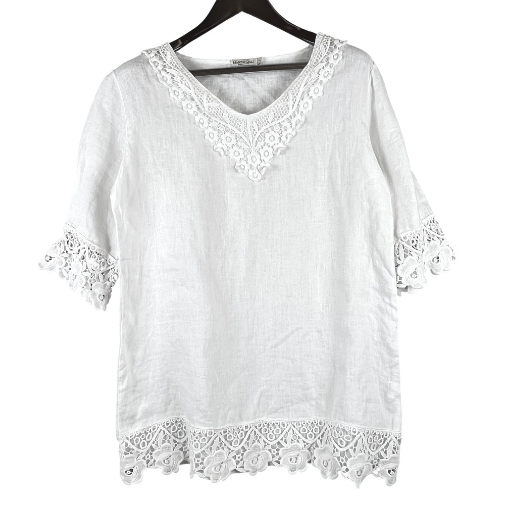 Marina Gigli Women L Linen Tunic Top White Lace Trim Italy Boho Lagenlook Resort